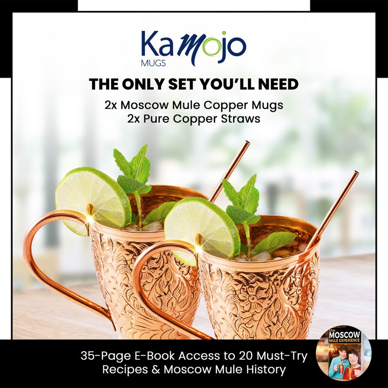 Kamojo Copper Cups Set of 2 with Unique Handcrafted Embossed Design with Anti-Tarnish Food-Grade Coating - Moscow Mule Copper Mugs Gift Set with 2 Straws & Recipe E-Book, 16 oz - Image 5